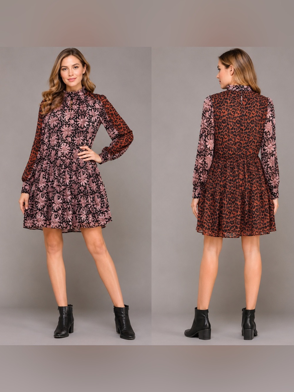 Antik Batik 100% Silk pink and Black Floral(front)/ cheetah print (back) Dress